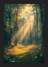 En plakat med solstråler som lyser opp en blomstrende skogsglede -5