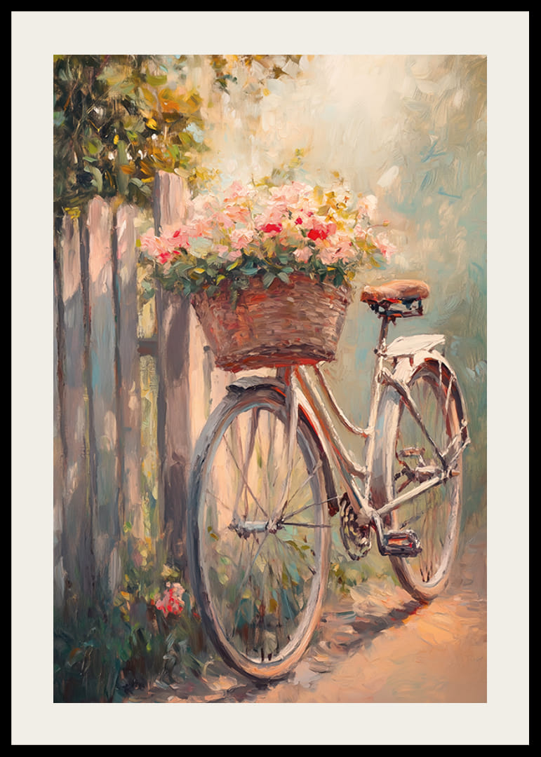 Juliste, jossa on vintage-pyörä ja kukoistava kori -12