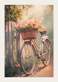 Juliste, jossa on vintage-pyörä ja kukoistava kori -3