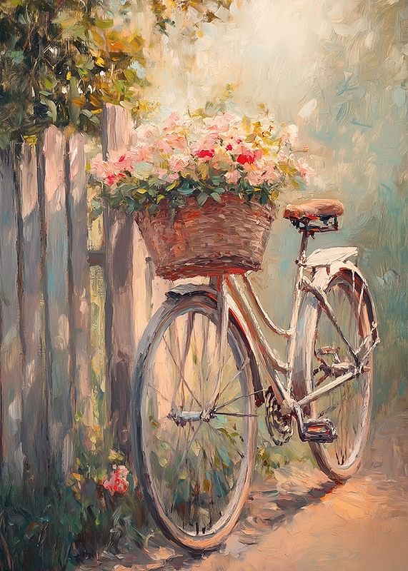 Un afiș cu o bicicletă de epocă și un coș înfloritor -12