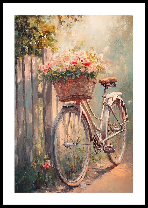 Un afiș cu o bicicletă de epocă și un coș înfloritor -12