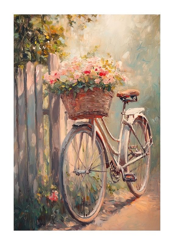Un afiș cu o bicicletă de epocă și un coș înfloritor -12
