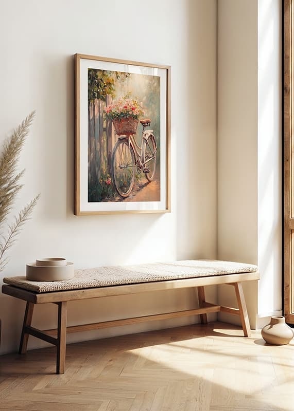 A poster with a vintage bicycle and flourishing basket -12