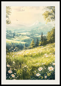 En plakat med en blomstrende alpeng og majestætiske bjerge-2