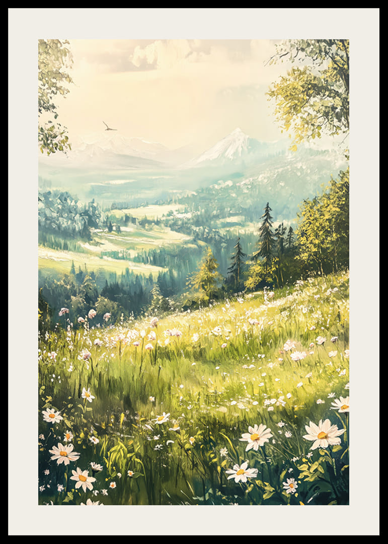 En plakat med en blomstrende alpeng og majestætiske bjerge-12