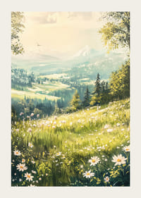 En plakat med en blomstrende alpeng og majestætiske bjerge-3