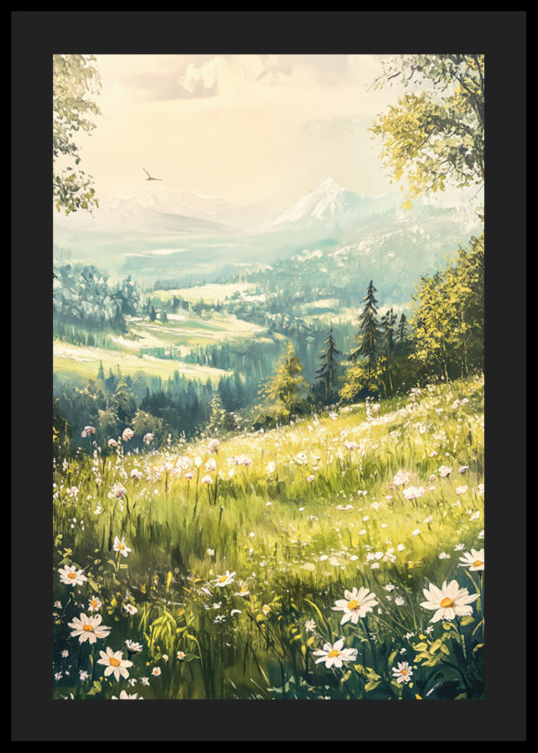 En plakat med en blomstrende alpeng og majestætiske bjerge-12