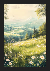 En plakat med en blomstrende alpeng og majestætiske bjerge-5