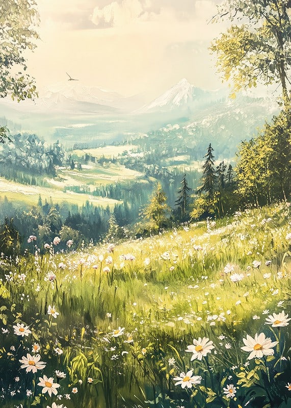 A poster with a blooming alpine meadow and majestic mountains-12