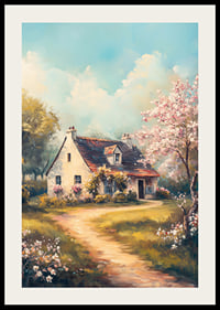 En poster med en lantlig stuga omgiven av blommande träd och solig våridyll-2