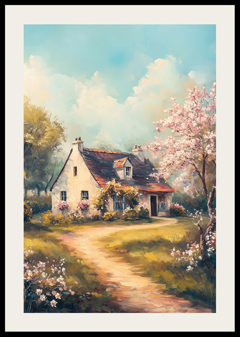 En poster med en lantlig stuga omgiven av blommande träd och solig våridyll-12