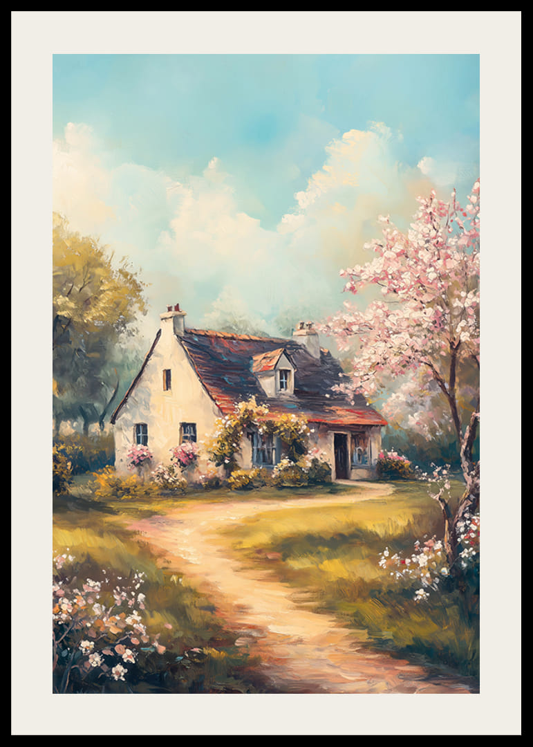 A poster with a country cottage surrounded by flowering trees and sunny spring idyll-12