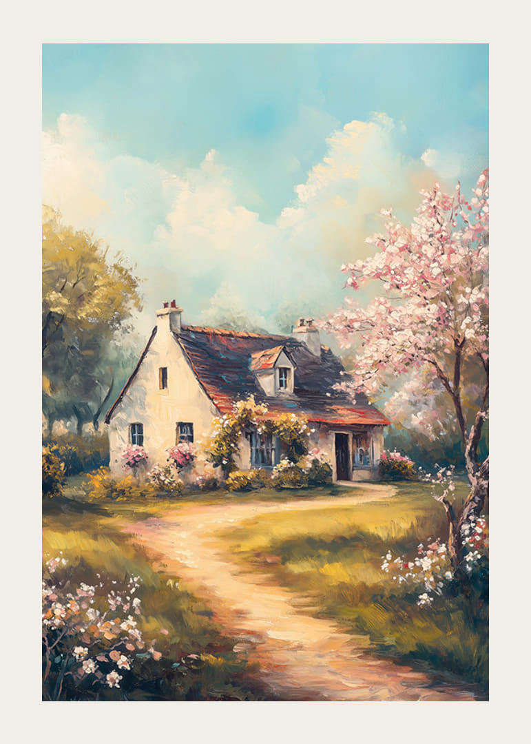 A poster with a country cottage surrounded by flowering trees and sunny spring idyll-12