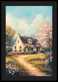 En poster med en lantlig stuga omgiven av blommande träd och solig våridyll-4