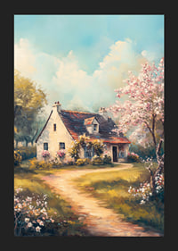 En poster med en lantlig stuga omgiven av blommande träd och solig våridyll-5