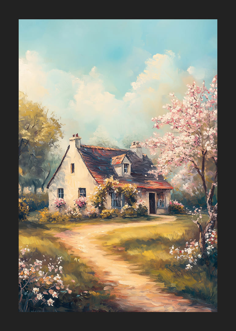 A poster with a country cottage surrounded by flowering trees and sunny spring idyll-12
