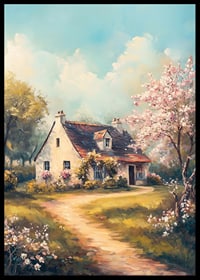 En poster med en lantlig stuga omgiven av blommande träd och solig våridyll-6