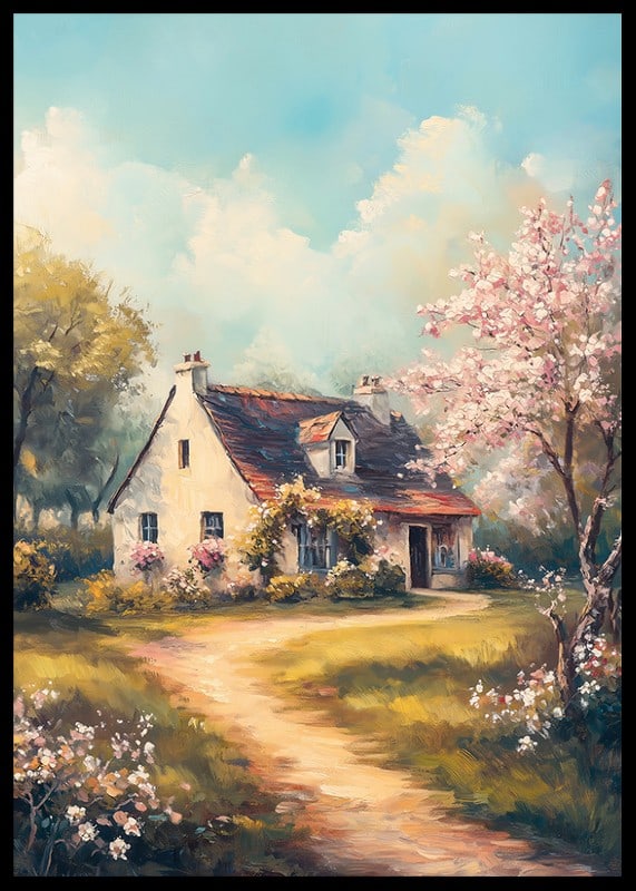 En poster med en lantlig stuga omgiven av blommande träd och solig våridyll-12