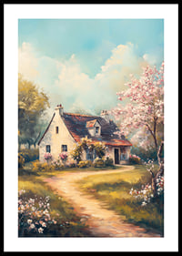 En poster med en lantlig stuga omgiven av blommande träd och solig våridyll-0