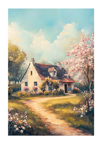 En poster med en lantlig stuga omgiven av blommande träd och solig våridyll-1