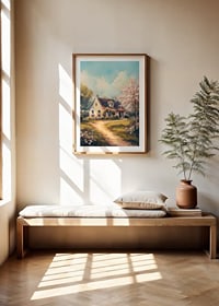 En poster med en lantlig stuga omgiven av blommande träd och solig våridyll-8