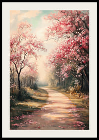 En poster med en blommande gångväg kantad av rosa körsbärsträd -2