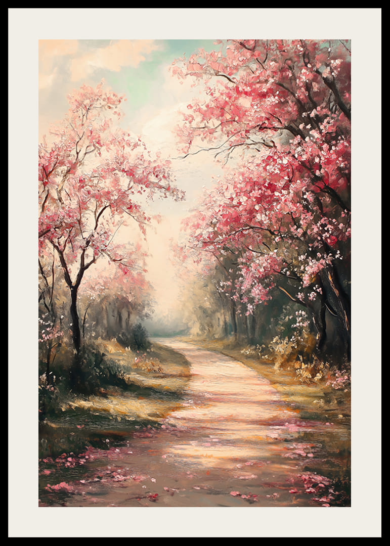 En poster med en blommande gångväg kantad av rosa körsbärsträd -12