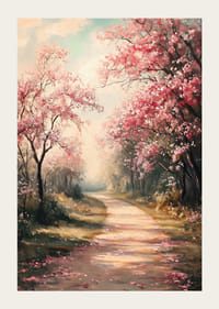 En poster med en blommande gångväg kantad av rosa körsbärsträd -3
