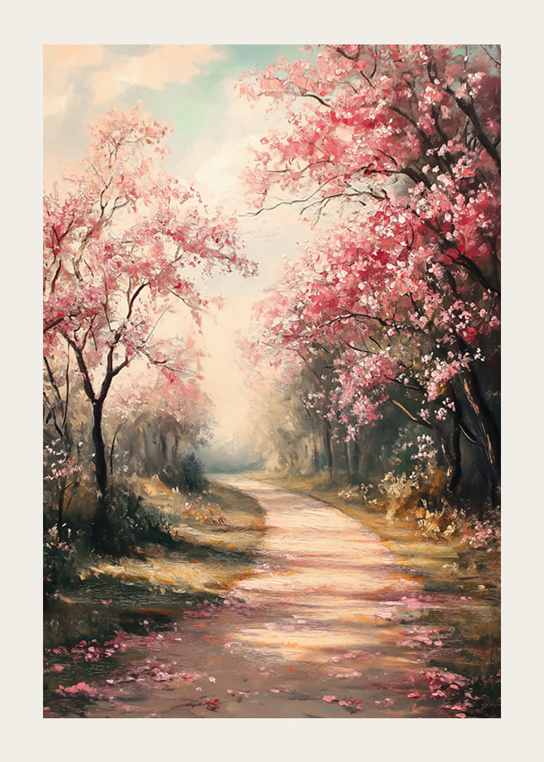 En poster med en blommande gångväg kantad av rosa körsbärsträd -12