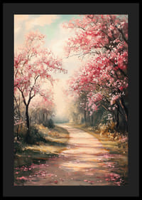 En poster med en blommande gångväg kantad av rosa körsbärsträd -4