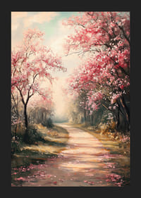 En poster med en blommande gångväg kantad av rosa körsbärsträd -5