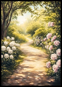 En poster med en solbelyst trädgårdsgång omgiven av blommande pioner och grönska-6