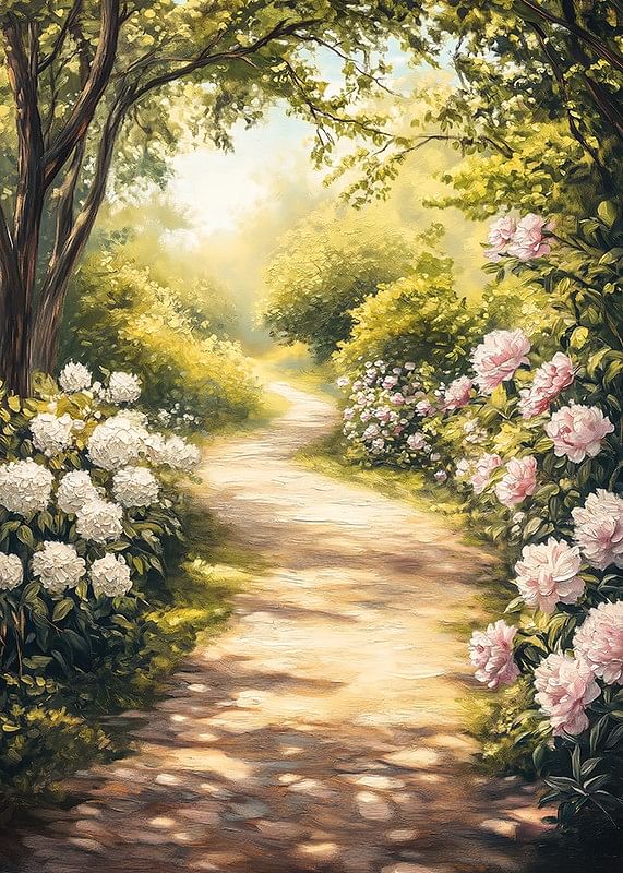 Un afiș cu o alee de grădină luminată de soare, înconjurată de bujori înfloriți și verdeață-12