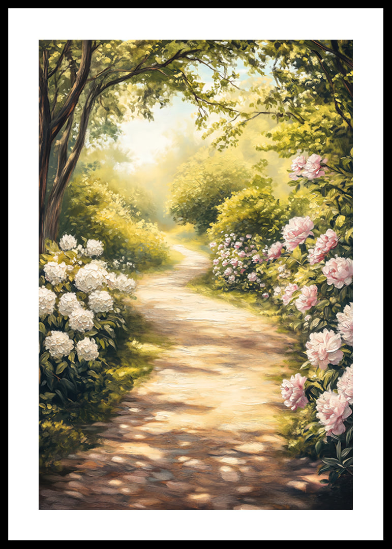En poster med en solbelyst trädgårdsgång omgiven av blommande pioner och grönska-12