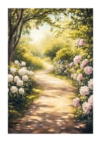 Un afiș cu o alee de grădină luminată de soare, înconjurată de bujori înfloriți și verdeață-1