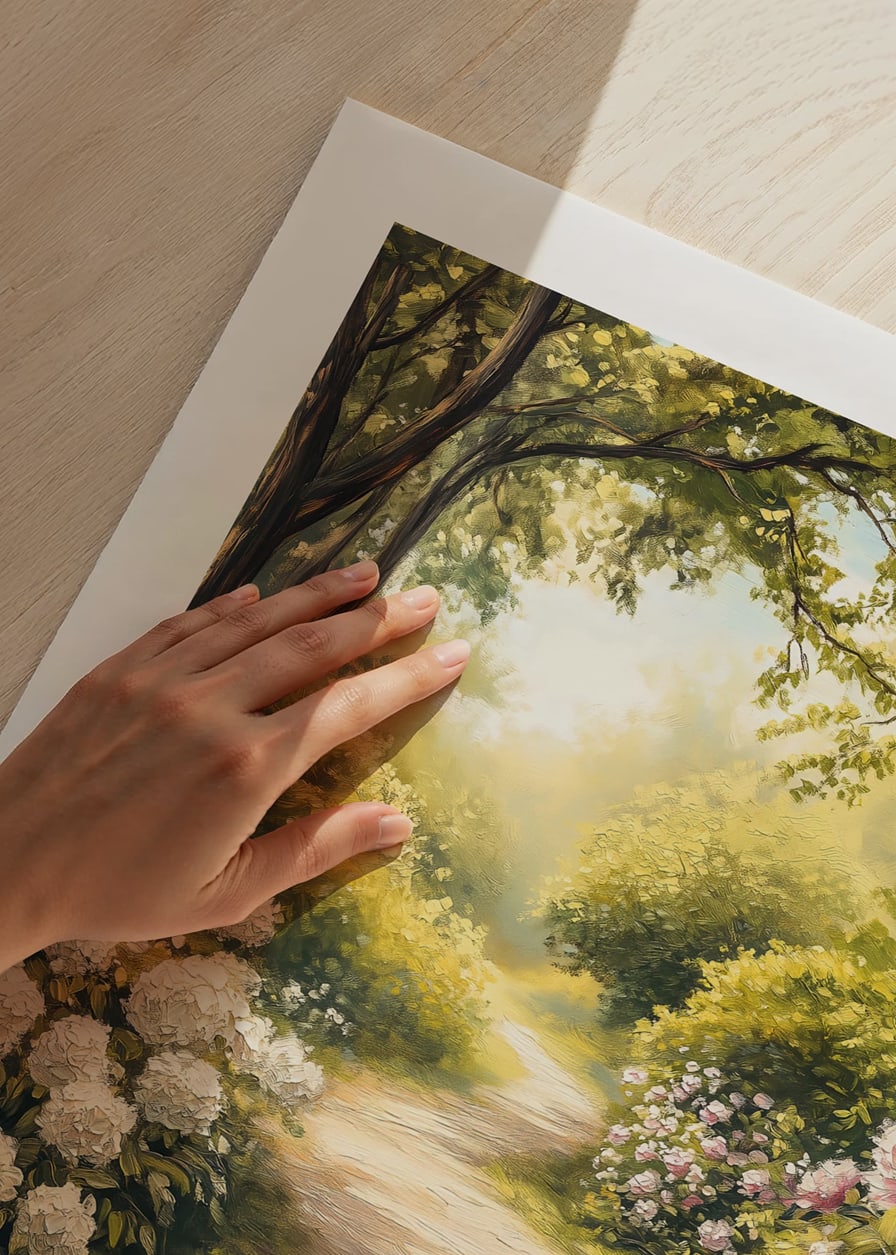 En poster med en solbelyst trädgårdsgång omgiven av blommande pioner och grönska-12
