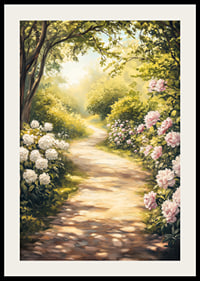En poster med en solbelyst trädgårdsgång omgiven av blommande pioner och grönska-2