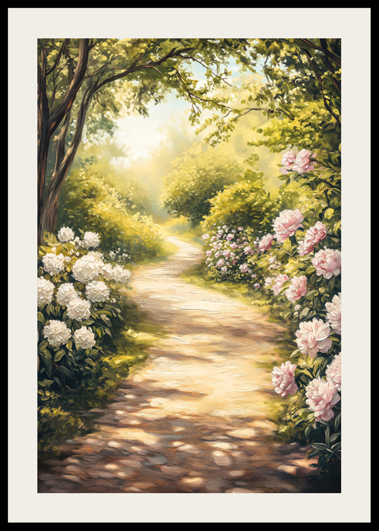 Une affiche représentant une allée de jardin ensoleillée entourée de pivoines en fleurs et de verdure-12