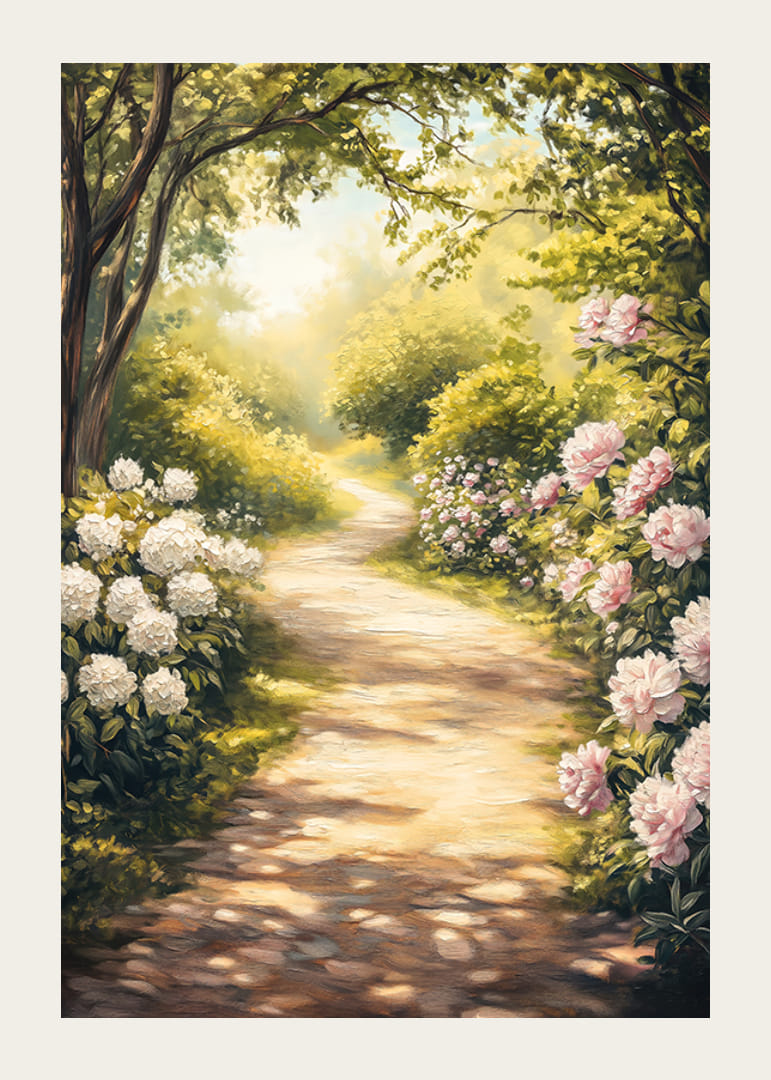 Une affiche représentant une allée de jardin ensoleillée entourée de pivoines en fleurs et de verdure-12