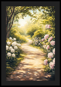 En poster med en solbelyst trädgårdsgång omgiven av blommande pioner och grönska-4