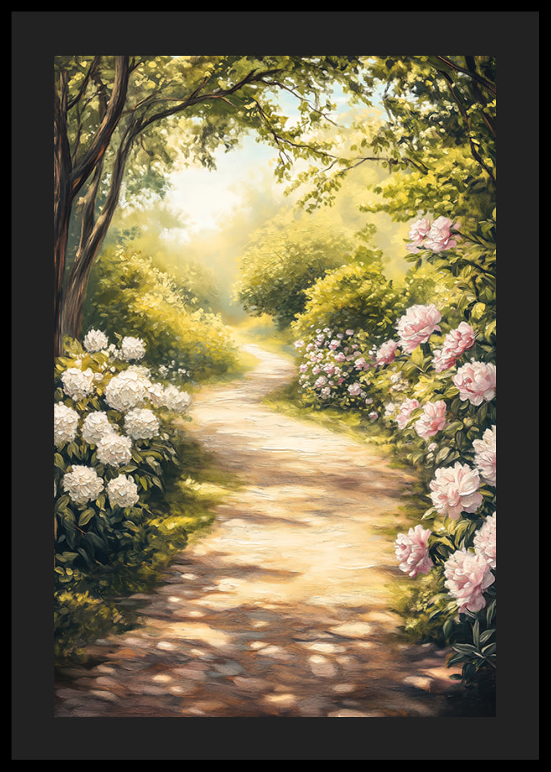 En poster med en solbelyst trädgårdsgång omgiven av blommande pioner och grönska-12