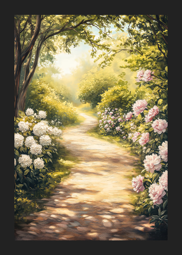 En poster med en solbelyst trädgårdsgång omgiven av blommande pioner och grönska-12