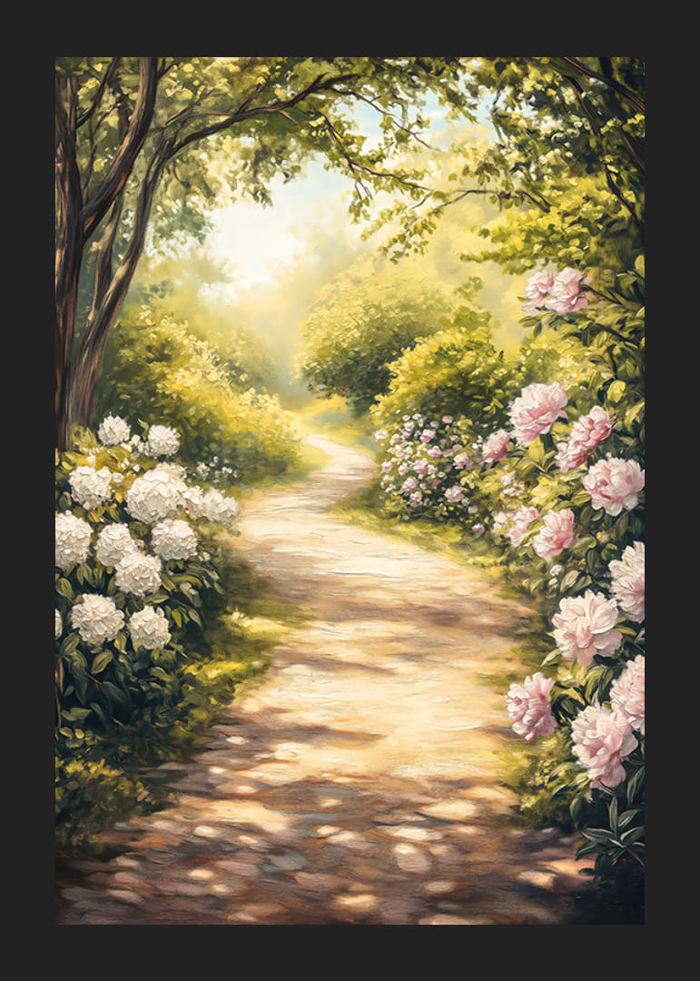 Une affiche représentant une allée de jardin ensoleillée entourée de pivoines en fleurs et de verdure-12