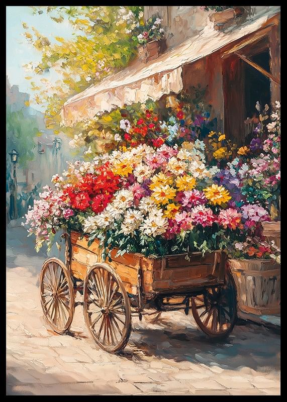 Un afiș cu un cărucior cu flori colorat care răspândește farmecul rustic și bucuria-12