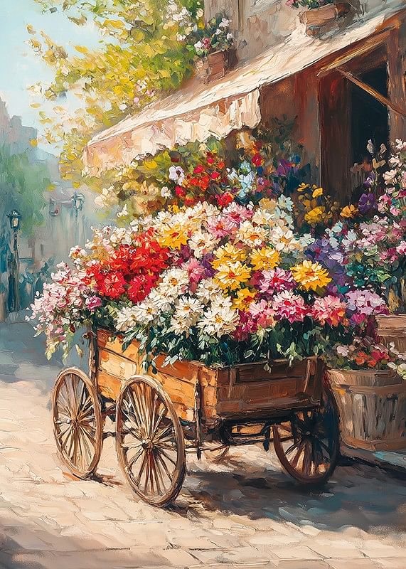 Un afiș cu un cărucior cu flori colorat care răspândește farmecul rustic și bucuria-12