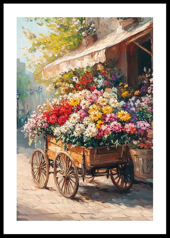 Un afiș cu un cărucior cu flori colorat care răspândește farmecul rustic și bucuria-12