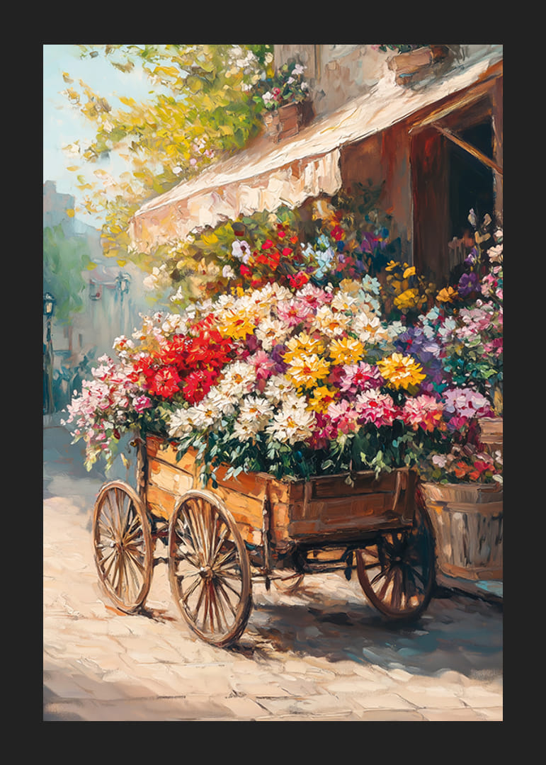 En poster med en färgsprakande blomvagn som sprider rustik charm och glädje-12