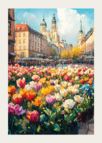 Plagát, ktorý spája čaro mesta s jarnou pestrofarebnou tulipánovou nádherou-3