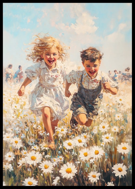 Ein Poster, das die Freude der Kindheit mit spielenden Kindern auf einer blühenden Sommerwiese einfängt-12