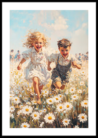 Ein Poster, das die Freude der Kindheit mit spielenden Kindern auf einer blühenden Sommerwiese einfängt-0